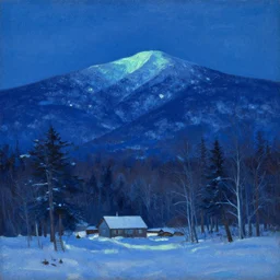 new hampshire, mountains, winter, night, luminous, admiral blue palette, abbott handerson thayer, glaze oil painting