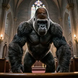 big gorilla man terroizing church, 8k cinematic lighting, very sharp detail, anatomically correct