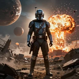mandalorian with backlight by beksinski  on background with destroyed planets and atomic bomb explosion, backlight