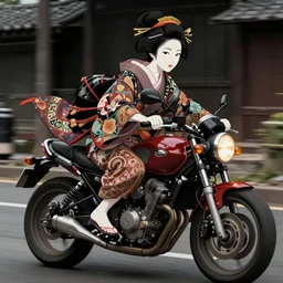 geisha riding a motorbike, hyper detailed, masterpiece, ornate dark, cgsociety, k 4, octane, junji ito, katsuhiro otomo, shintaro kago