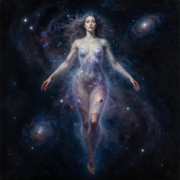 a giant woman floating among the stars. she is made of galaxies and nebula and a million sparkling stars. dramatic light and dark. beautiful well composed painting with detailed face by ilya kuvshinov and artgerm and greg rutkowski and ilya kuvshinov and rhads.