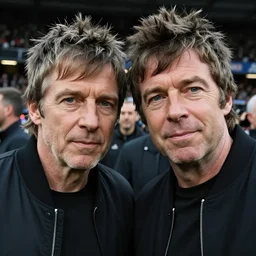 LIam and Noel Gallagher taking a selfie together in 2022, real life, hyperrealistic, ultra realistic, realistic, highly detailed, epic, HD quality, 8k resolution, body and headshot, Trending on Artstation, very realistic