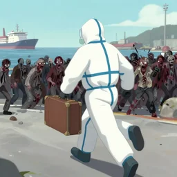 dude in hazmat suit carrying suitcase running from zombie hoard on harbor by yoji shinkawa, katayama bokuyo, agnes cecile, character concept art, vibrant colors, 8 k epic scene