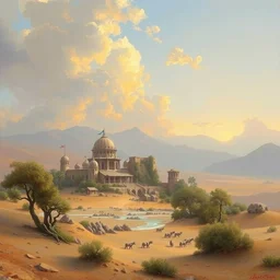 a beautiful painting of an oasis village in a serene dessert by ivan aivazovsky, trending on artstation, masterpiece