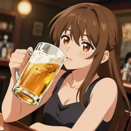 Masculine anime girl sitting at a bar, holding a large glass of beer, obviously drunk, camera angle looking up at her, HDR, anime, detailed eyes
