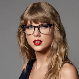 Photo of Taylor Swift wearing Warby Parker glasses, soft studio lighting, photo taken by Martin Schoeller for Abercrombie and Fitch, award-winning photo, 24mm f/1.4