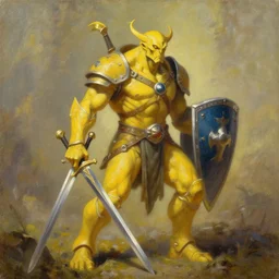 yellow warforged with a sword and a shield by Roger Dean, by Anton Fadeev, by albert bierstadt, magical realism, oil on canvas, soft render, octane, artstation
