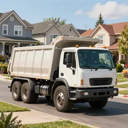 a single dump truck fixing a flat tire on a populated suburban street with beautiful homes in the background, 4 k, trending on artstation, award - winning, art by greg rutkowski and james gurney
