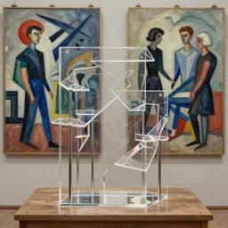 handmade clear plaxiglass sculpture with metal poles, in a painting made by yves tanguy, painting by kay sage, by nate boyce, digital sculpture, by tyler edlin and jean delville, by john berkey and filip hodas, highly detailed, soft lighting, rendered in octane, oil on canvas