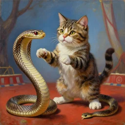 a cat clawn playing with a cobra snake in the circus HD photo superrealism 3d 8k resolution, Portrait by Zdzislaw Beksinski and Jeffrey Smith, oil on canvas