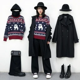 full outfit : ghetto goth playboy girl or detailed outfit : top : ugly christmas sweater bottom : wide leg pants shoes : mismatched style : egirl ( optional ) headwear : borsalino outerwear : hooded coat accessory # 1 : ninja hood accessory # 2 : handheld game console