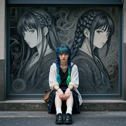 concept art, pretty girl sitting on street, braids blue green, alone, junichi higashi, isamu imakake, intricate, balance, ultra detailed, full far frontal portrait, volumetric lighting, cinematic lighting + masterpiece,