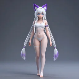 hyper - realistic + photorealistic render with very extreme intricate details, full body of a girl!!! wearing purple cat - ears, blue eyes and long white braided hair, in the style of final + fantasy 9, 8 8 mm lens, full shot, maya, cinema 4 d