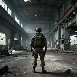 A soldier standing in an abandoned industrial factory, long shot from back, high quality, digital art, trending on ArtStation