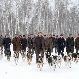 movie still by tarkovsky crowd of hunter and crowd of dogs running in a swamp snowy with birch forest backround, cinestill 8 0 0 t 3 5 mm b & w, heavy grain, high quality, noir, natural textures, photorealistic, ambient occlusion, hd, dof, mud, fog