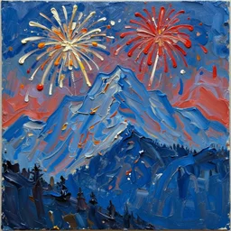 oil paint impasto relief, austrian blue mountain with fireworks, multi layered thick brush marks, in the style of ivan shishkin and frank auerbach and redon