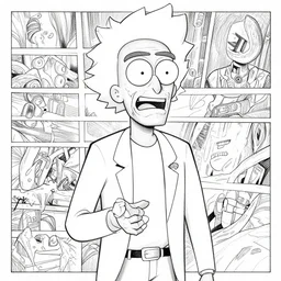 christopher lloyd as rick sanchez, by steampoweredmikej, by tim bradstreet, inktober, ink drawing, black and white, coloring pages, manga, highly detailed