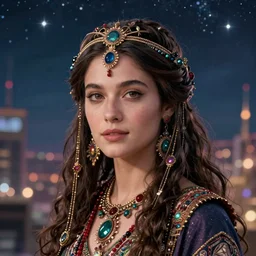 masterpiece, medium portrait charming and miracle female luxury astromancer boho accessories in dreamlike movie, hyper detailed face, art by artgerm, greg rutkowski, sasoura, satchely, major starry sky, city background, uhd, medium long shot, fantasy, no distorsion, sharp focus,, perfect face