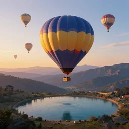 sunrise mountain water hot air balloon digital art by amiyakinyu trending on artstation