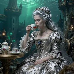 A silver haired ((mad)) princess from the 18th century, dressed in a ragged, dirty, 18th century silver wedding dress, is ((drinking a cup of tea)),  in her right side is a porcelain tea set. She is in her underwater, precious, scarry castle. mystical, atmospheric, greenish blue tones, underwater photography, concept art by John Everett Millais, Annie Stegg Gerard, Ian David Soar, John Anster Fitzgerald