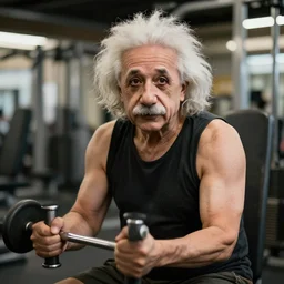 a portrait of albert einstein working out at the gym looking buffed up, highly detailed, trending on artstation, bokeh, 9 0 mm, f / 1. 4