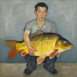 man and big carp, chinese contemporary art, duan zhengqu, georges - henri rouault