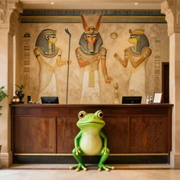 a small frog standing on two feet at the hotel reception entry, ancient egyptian mural