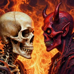 portrait skull and devil talking to each other perfil on fire background, art by greg rutkowski, intricate, ultra detailed, photorealistic, vibrante colors, colorful, trending on artstation, 4 k, 8 k