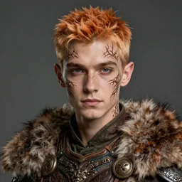 portrait painting of an elven young man with short light orange hair and tribal tree branch tattoos on his face wearing fur armor, ultra realistic, concept art, intricate details, eerie, highly detailed, photorealistic, octane render, 8 k, unreal engine. art by artgerm and greg rutkowski and charlie bowater and magali villeneuve and alphonse mucha
