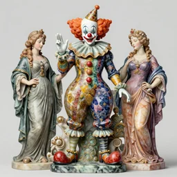 colorful marble statue of clown, by sandra chevrier and anthony van dyck and evelyn de morgan, artstation, illustration, comic book, polychromatic - colors, insanely detailed and intricate, hypermaximalist, elegant, ornate, hyper realistic, super detailed