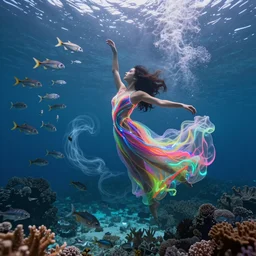 woman dancing underwater wearing a very long flowing dress made of a chaos of neon colors and lights, coral sea bottom, swirling schools of silver fish, swirling smoke shapes, octane render, caustics lighting from above, cinematic, hyperdetailed