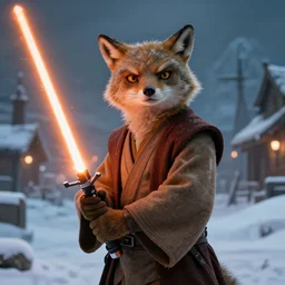 portrait, anthropomorphic coyote wearing Jedi robes wielding an orange lightsaber in a snow mountain town. Dramatic lighting, cinematic, establishing shot, extremely high detail, photo realistic, post processed, artstation, matte painting, style by eddie mendoza, raphael lacoste, alex ross
