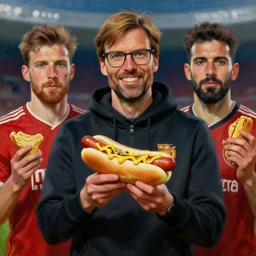 jurgen klopp holding hot dogs, portrait by john william waterhouse and edwin longsden long and theodore ralli and nasreddine dinet, oil on canvas. cinematic, vivid colors, hyper realism, realistic proportions, dramatic lighting, high detail 4 k
