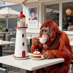 rendering of red orangutan as restaurant visitor drink coffee and eating birthday cake in form of lighthouse, open terrace of restaurant, white table, advertise poster artwork by michael whelan and tomer hanuka, high contrast, full of details, by makoto shinkai and thomas kinkade, matte painting, trending on artstation and unreal engine