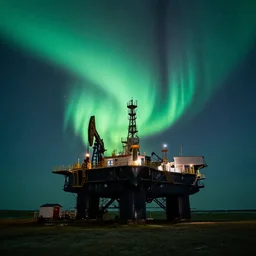 the night of the northern lights. a huge oil platform on the prairie ， by craig mullins