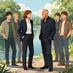 leonard cohen meeting suzanne down by the river, extremely detailed, sharp focus, wide view, full body shot, smooth, digital illustration, by james jean, by rossdraws, frank franzzeta, mcbess, sakimichan, brosmind, steve simpson