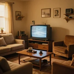 1 7 0 s pictoresque living room, retro, vintage, warm, cosy, nostalgic, computer, television
