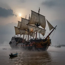 shipwrecked spanish galleon, with mast and tattered sails, sinking in the mekong delta, at dust, clouds, moonlight, a huge wrecked sunken pirate ship in the river, tall mast, shipwrecks, deconstructed ship, pirate symbol, ghost ships, small vietnames fishing boats nearby, cinematic lighting, hyper realistic dusk scene, foglights, mist, desolate, octane render, 8 k volumetric lights, hyper detailed, ripples, reflections,
