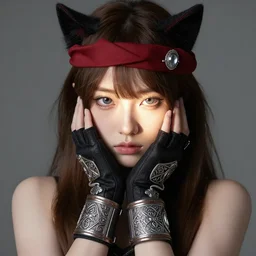 a brown haired girl with catlike slitted gray eyes that catch the light. fingerless gloves. a red cravet with a silver gemstone upon it. arm braces with intricate patterns. by ruan jia. rhads