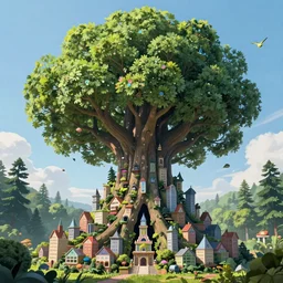 fantasy art of a miniature city built into the trunk of a single colossal tree in the forest, close - up, low angle, wide angle, awe - inspiring, highly detailed digital art