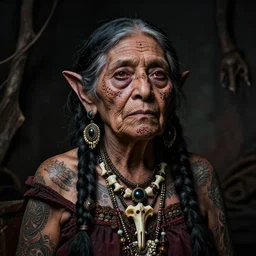 portrait of a haggard old wrinkled female mexican goblin shaman, intricate ornate scars and tattoos all over, bone jewellery, dark ambience, rococo style, macabre