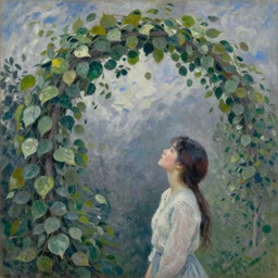 A surreal oil on canvas painting, by Claude Monet, depicting a beautiful Korean woman looking up at a massive arc, made of leaves, in a cloudy forest.
