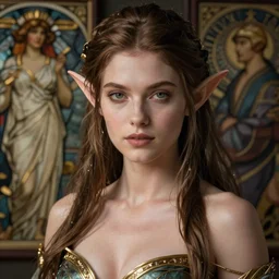 hyper-realistic portrait of beautiful chesty high-fantasy elf girl with an alluring glance, intricate details, rule of thirds, by Stanley Artgerm Lau, by greg rutkowski, by thomas kindkade, by alphonse mucha, loish, by norman rockwell J.