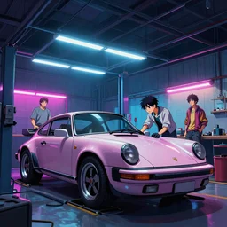 interior shot, car garage, car repair workshop, Akira Nakai reparing a porsche 911,  neon lights, by james gurney, katsuhiro otomo, james paick, cinematic lighting, artstation, vibrant nature, anime style, Craig Mullins, Greg Rutkowski, Pete Morbacher, Tuomas Korpi, tekkon kinreet, volumetric light, artstation, , octane render, redshift render, low angle camera