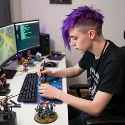 violet - haired slim shaved emo male game designer who plays blood bowl and paints miniatures, sitting at his untidy working table