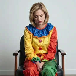 conservative mp liz truss sitting in a chair and looking sad and wearing a clown costume, editorial photograph
