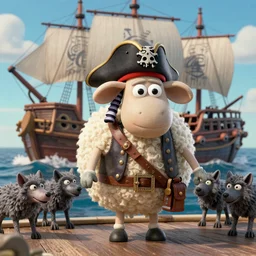 a stop motion sheep pirate captain leading a crew of wolves on a pirate ship at sea ultrarealistic trending on art station