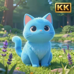 proud successful glowing blue spirit cat in the grassy field with a forest in the background, incredibly cute giant cat anime eyes, river, lavender growing nearby, cinematic lighing, high detail concept art, epic, award winning, 8 k