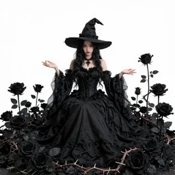 fantasy female dark witch surrounded by black roses and thorns, wide angle view, highly detailed, qichao wang, artgerm, cushart krenz, zeronis, trending on artstation, soft light, sharp edges, illustration, character design, concept art