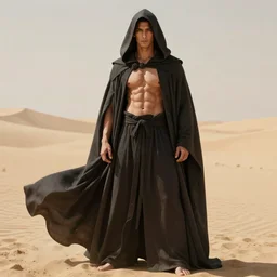 full body portrait of charles dance covered in a long hooded cape, muscular physique, lean, fit, abs, flowing robe. desert background. detailed face, concept art, intricate, highly detailed 8 k, smooth, sharp focus, handsome and aesthetic shape of face and body, artgerm, artstation, art by zexi guo and nira and junpei suzuki and gharli